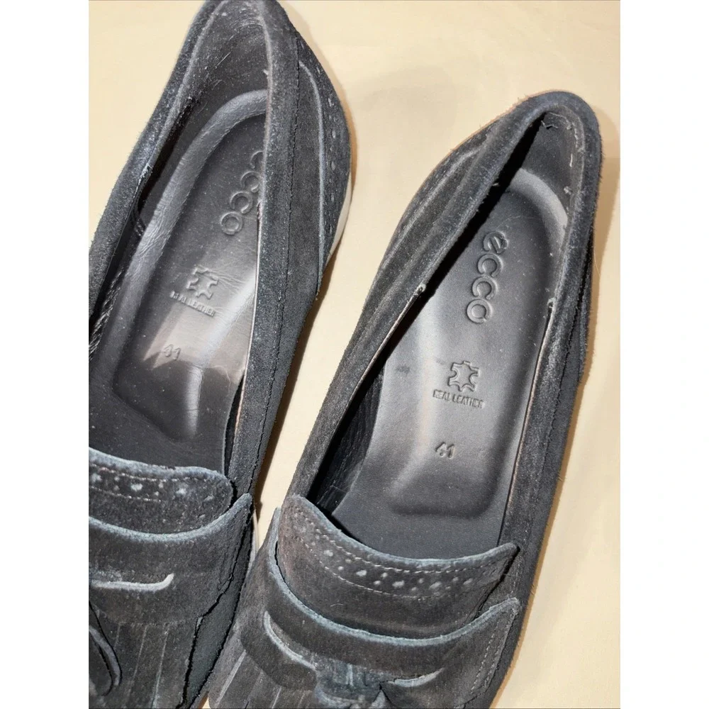 ECCO Women's 41 US 10 Black Suede Classic Loafers Tassel Kiltie Brogue Detail